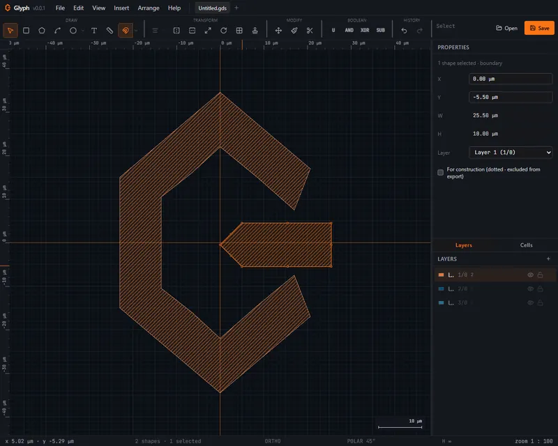 Glyph — free browser-based GDSII mask editor, showing a hatched polygon layout and layer panel
