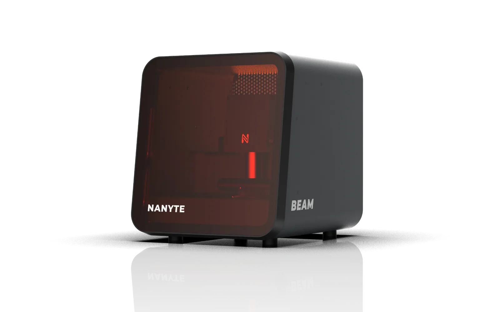 NANYTE BEAM desktop maskless lithography system — product render, its UV exposure engine glowing through the tinted enclosure