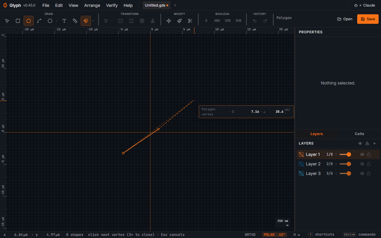 The Glyph canvas showing AutoCAD-style drafting aids while drawing a polygon: object snap points, polar/angle snapping guides, and a precise coordinate readout.