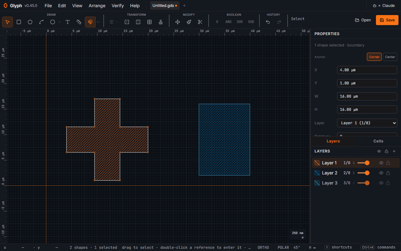 A cross-shaped polygon selected in Glyph with its vertex handles visible, while the Properties panel shows the shape's editable X, Y, width, and height fields.