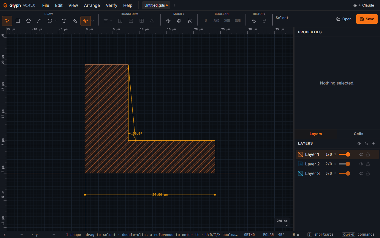 Pinned amber dimension annotations in Glyph: a 24 µm distance dimension and a 90° angle dimension on an L-shaped polygon.