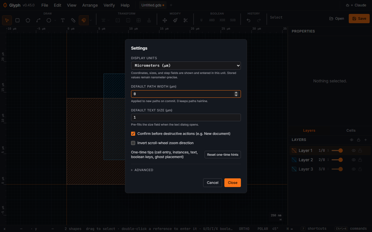 The Glyph Settings dialog: display units, default path width and text size, destructive-action confirmation, scroll-zoom direction, and one-time hints reset.