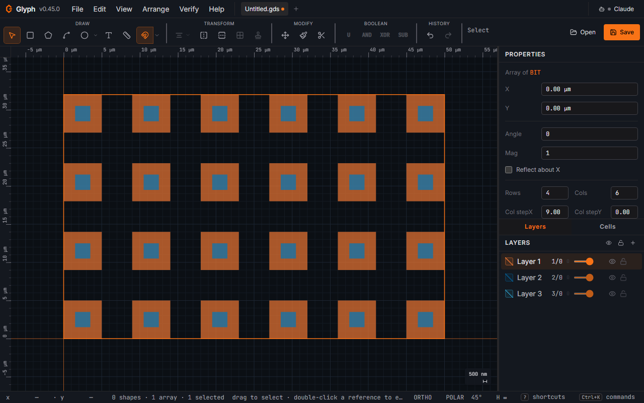 A selected 4×6 AREF array of a BIT cell in Glyph, with the Properties panel showing the array's rows, columns, and step spacing fields.