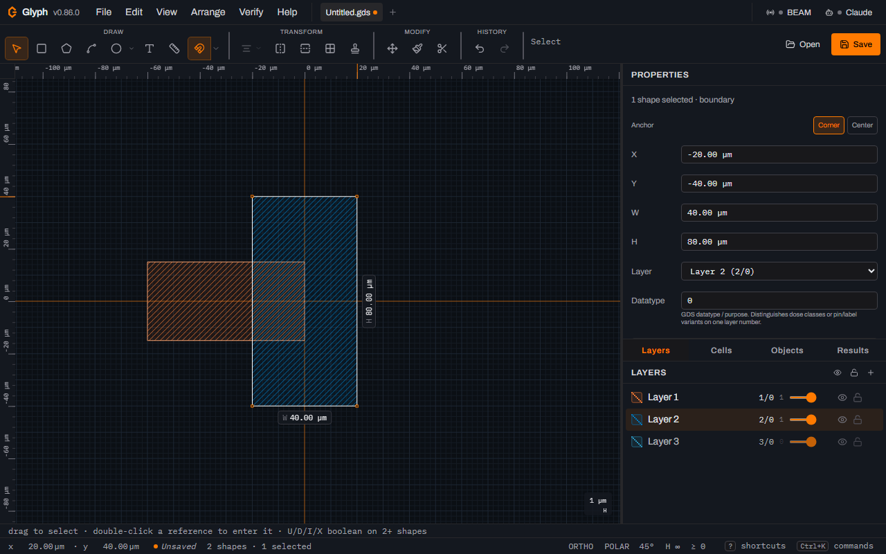 The Glyph canvas with two overlapping hatched rectangles, a wide orange one on layer 1 and a tall blue one on layer 2, the Properties panel showing the selected 40 by 80 micrometre box on Layer 2, and the status bar reading 2 shapes.