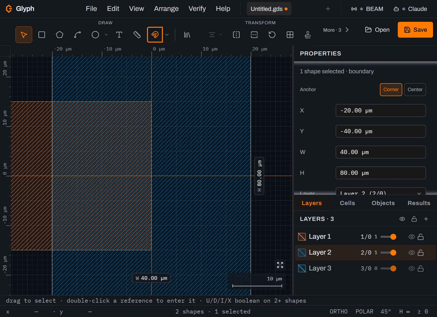 The Glyph canvas with two overlapping hatched rectangles, a wide orange one on layer 1 and a tall blue one on layer 2, the Properties panel showing the selected 40 by 80 micrometre box on Layer 2, and the status bar reading 2 shapes.