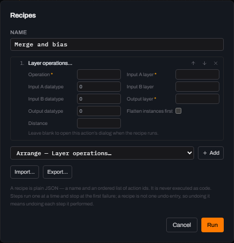 The Recipes dialog with one step added, named Layer operations, showing empty parameter fields for Operation, Input A layer, datatypes, Output layer, Flatten instances first and Distance, with the note Leave blank to open this action's dialog when the recipe runs.