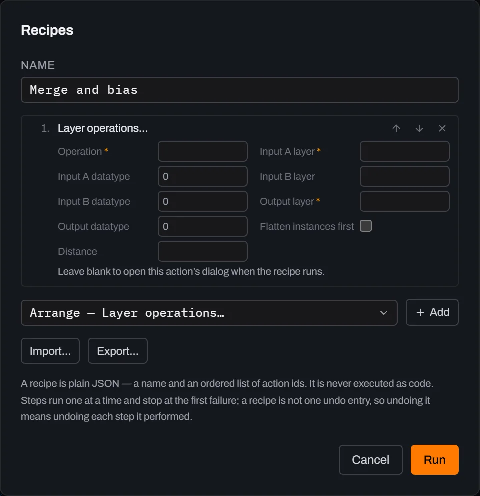 The Recipes dialog with one step added, named Layer operations, showing empty parameter fields for Operation, Input A layer, datatypes, Output layer, Flatten instances first and Distance, with the note Leave blank to open this action's dialog when the recipe runs.