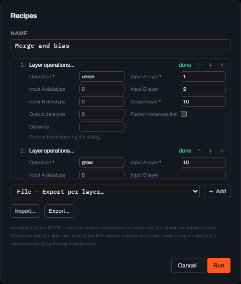 The Recipes dialog after running, with step 1 Layer operations and step 2 Layer operations both showing a green done status next to their filled parameter fields.