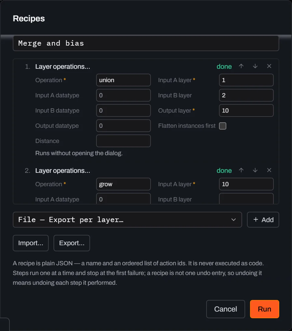The Recipes dialog after running, with step 1 Layer operations and step 2 Layer operations both showing a green done status next to their filled parameter fields.