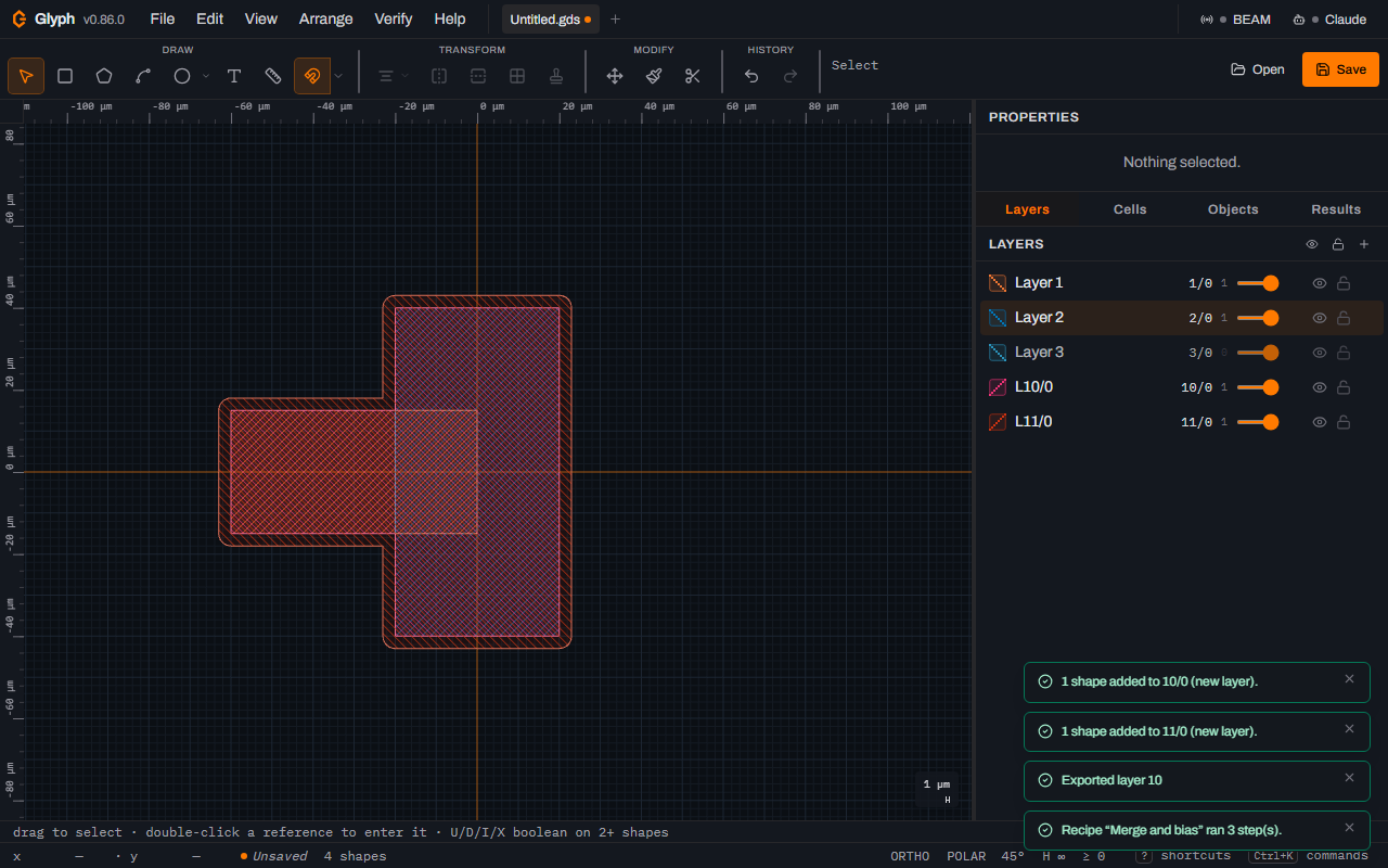 The Glyph canvas showing the union of the two boxes as a single plus-shaped region with a 3 micrometre grown outline around it, the Layers panel listing new layers L10/0 and L11/0, and four toasts confirming 1 shape added to 10/0, 1 shape added to 11/0, Exported layer 10, and Recipe Merge and bias ran 3 steps.