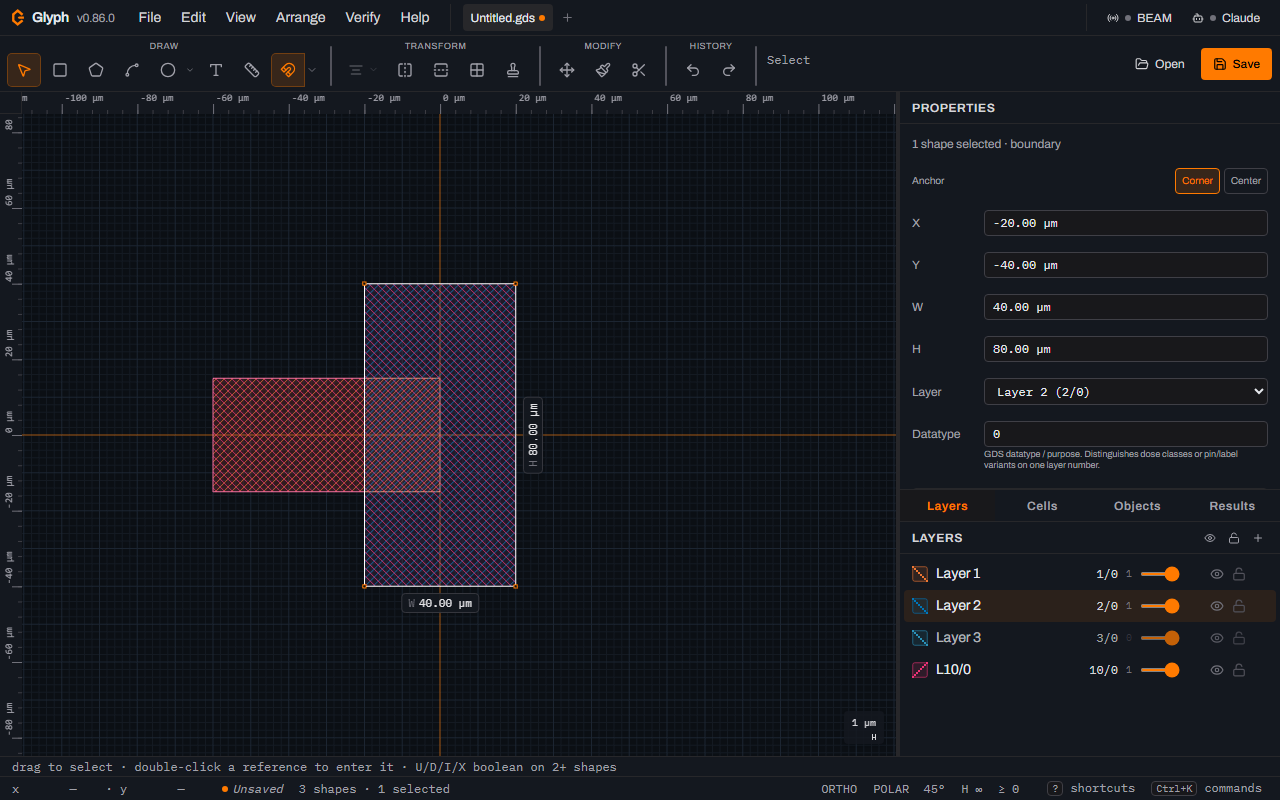 The same layout after a single undo: the grown 3 micrometre outline is gone, and the Layers panel now lists Layer 1, Layer 2, Layer 3 and L10/0 with no L11/0.