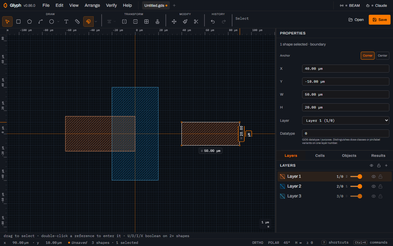 The Glyph canvas with the original two overlapping boxes plus a new third orange box on layer 1 to their right, the Layers panel back to three layers, and the status bar reading 3 shapes.