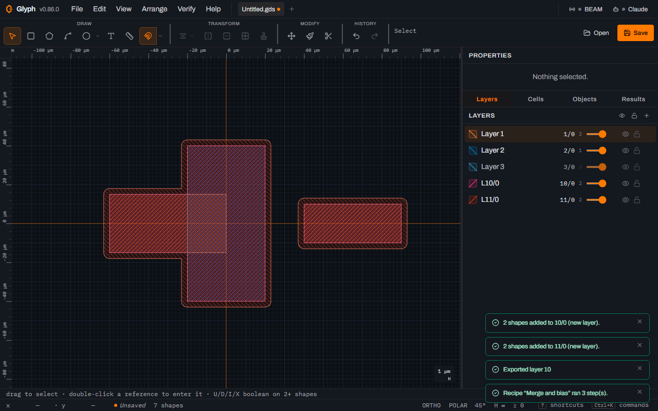The canvas after re-running the recipe: the third box now also has a grown outline, the Layers panel shows L10/0 and L11/0 with two shapes each, and toasts read 2 shapes added to 10/0, 2 shapes added to 11/0, Exported layer 10 and Recipe Merge and bias ran 3 steps.