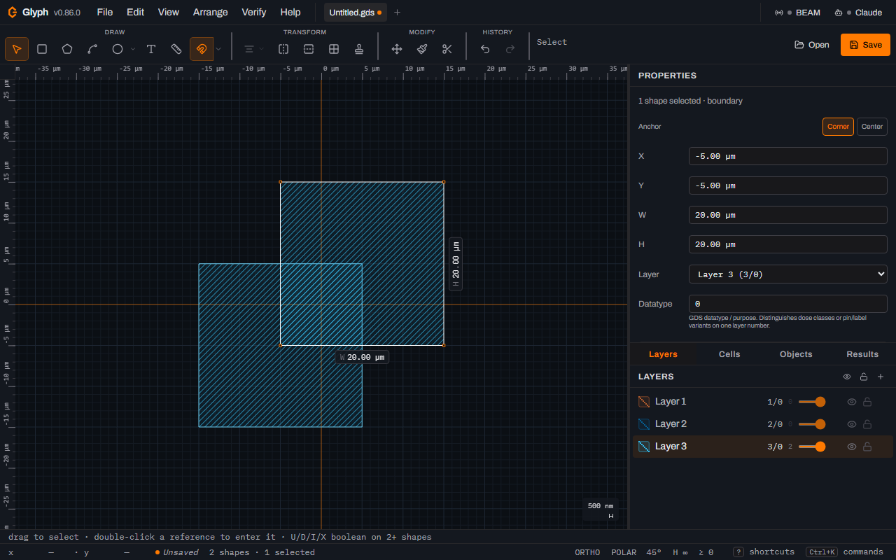 Glyph canvas with two overlapping 20 by 20 micrometre cyan hatched boxes drawn on Layer 3 at exact Properties-panel coordinates, an orange selection outline around the just-sized box, the Properties panel reading X -5.00, Y -5.00, W 20.00, H 20.00 micrometres, and the status bar reading 2 shapes and 1 selected.