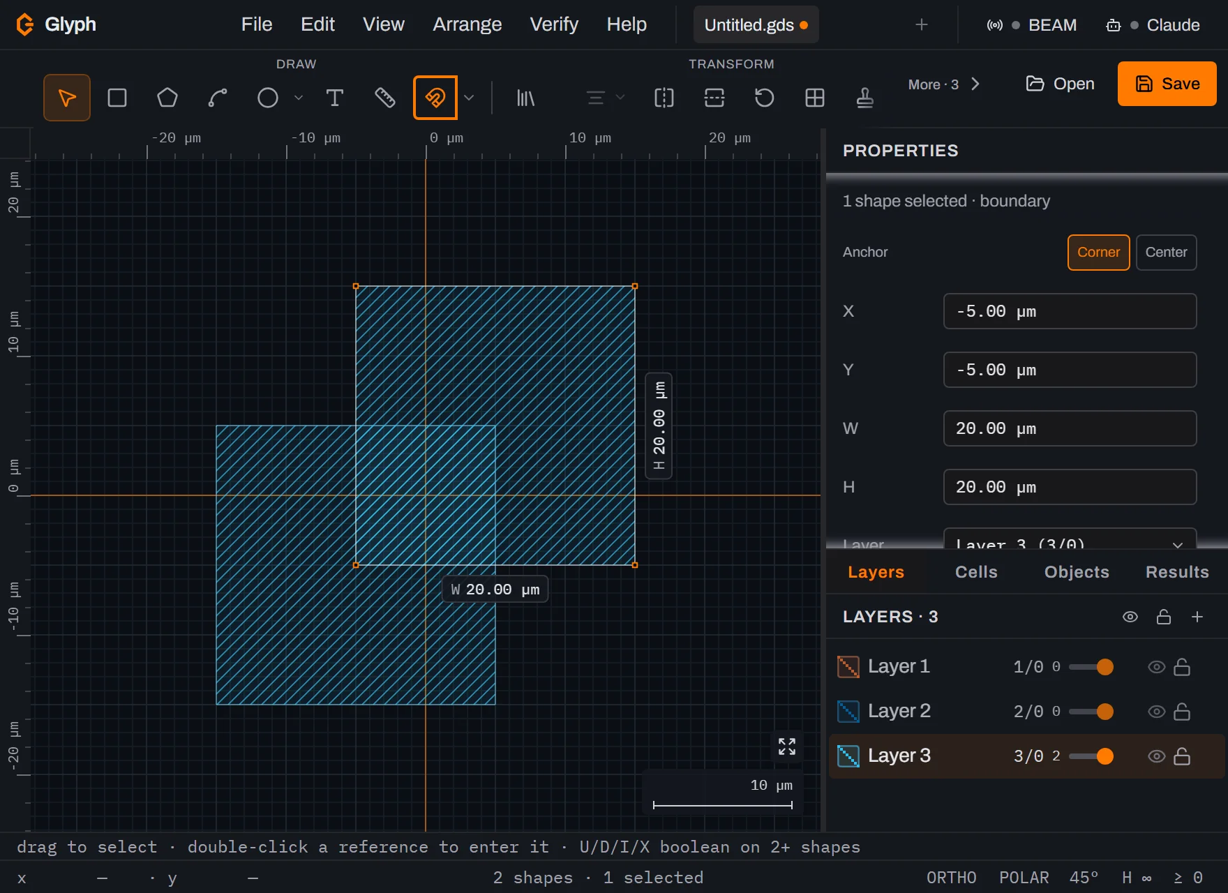 Glyph canvas with two overlapping 20 by 20 micrometre cyan hatched boxes drawn on Layer 3 at exact Properties-panel coordinates, an orange selection outline around the just-sized box, the Properties panel reading X -5.00, Y -5.00, W 20.00, H 20.00 micrometres, and the status bar reading 2 shapes and 1 selected.