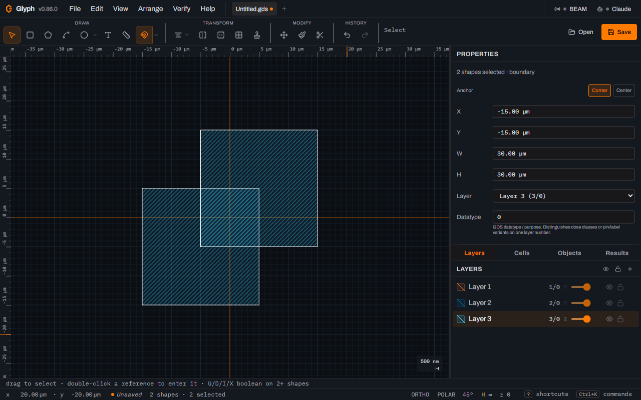 Glyph canvas after releasing a marquee drag, showing no marquee rectangle but both overlapping boxes on Layer 3 outlined pale as selected, the Properties panel showing a 30 by 30 micrometre combined bounding box, and the status bar reading 2 shapes and 2 selected.