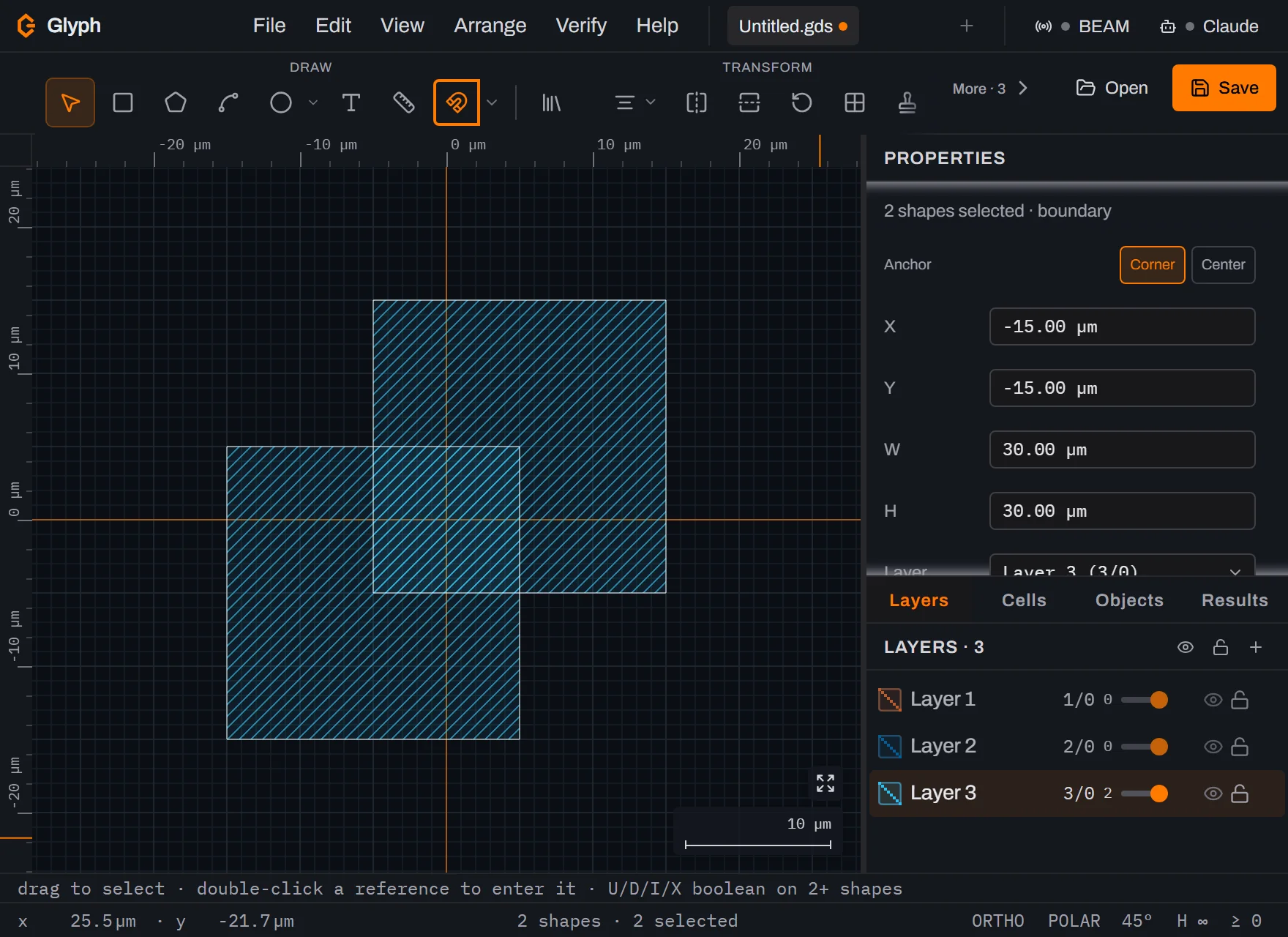 Glyph canvas after undo, showing the two original overlapping boxes on Layer 3 restored and still selected, the Properties panel showing their 30 by 30 micrometre combined bounding box, and the status bar reading 2 shapes and 2 selected.