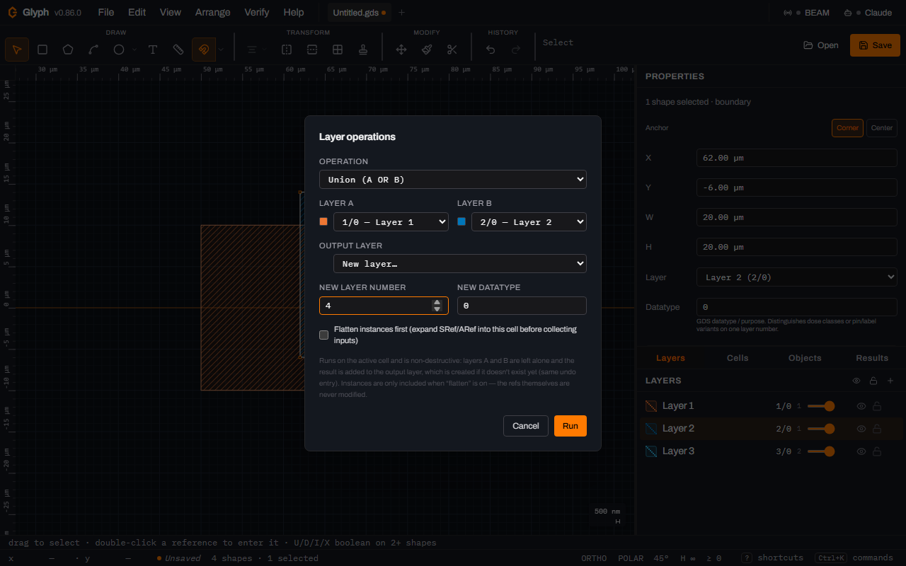 Glyph's Layer operations dialog with Operation set to Union A OR B, Layer A 1/0 Layer 1, Layer B 2/0 Layer 2, Output layer New layer, New layer number 4, New datatype 0, and Cancel and Run buttons, with the sized Layer 1 and Layer 2 boxes visible behind it on canvas.