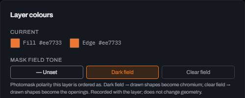 Crop of the top of Glyph's Layer colours dialog: Current fill and edge both hex ee7733, and Mask field tone with Dark field now highlighted in orange next to Unset and Clear field.