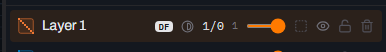 Crop of Layer 1's row in the Layers panel: colour swatch, name Layer 1, a DF badge, a small contrast icon, 1/0, shape count 1, then the opacity slider and the visibility/lock icons partly visible at the right edge.