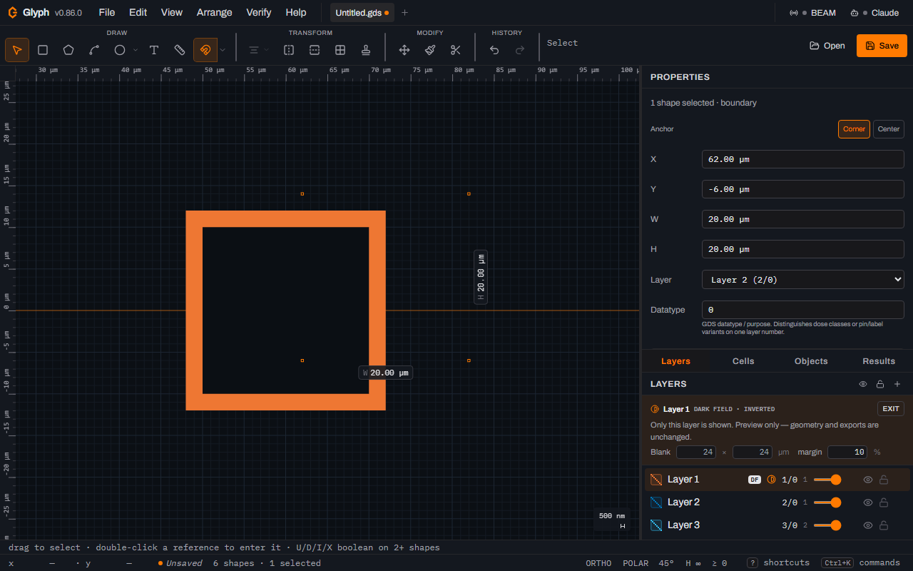 Glyph canvas in dark-field preview mode: an orange mask blank with a black square punched out of its centre representing Layer 1's box, the Layers panel showing a bar reading Layer 1, dark field, inverted with an Exit button, Blank width and height fields and a margin percentage, and Layer 1's row showing its DF badge.