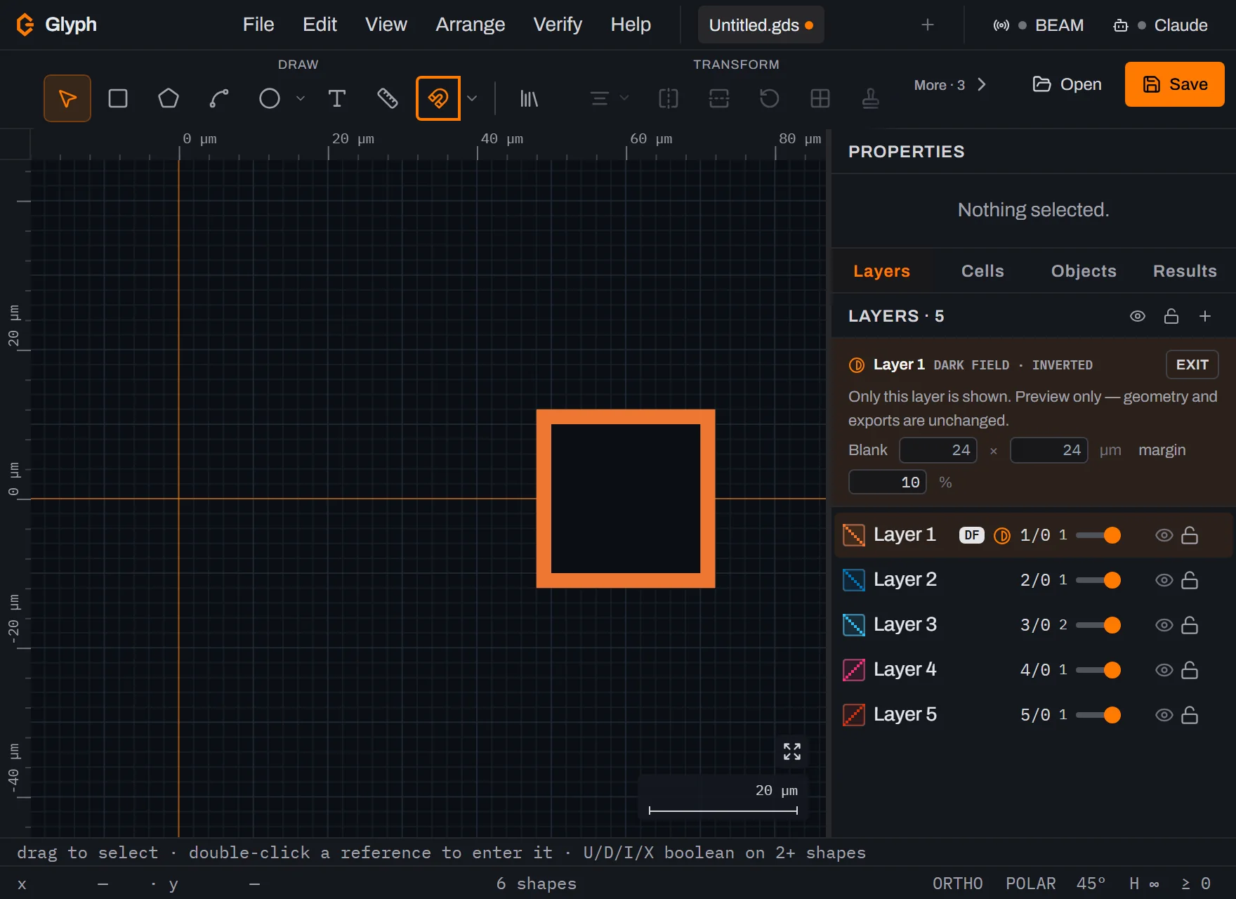 Glyph canvas in dark-field preview mode: an orange mask blank with a black square punched out of its centre representing Layer 1's box, the Layers panel showing a bar reading Layer 1, dark field, inverted with an Exit button, Blank width and height fields and a margin percentage, and Layer 1's row showing its DF badge.