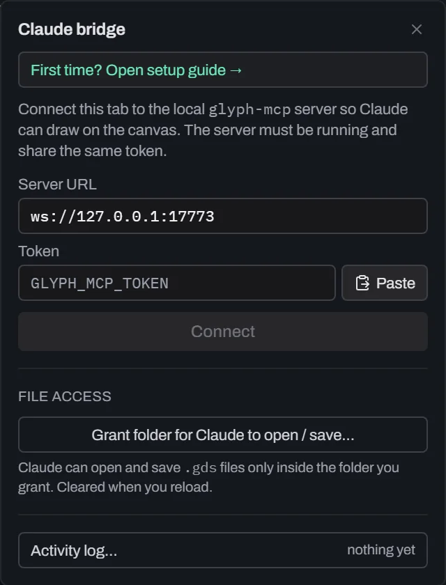 The Claude connection pill at the right end of the Glyph menu bar, expanded to its status panel showing the local MCP bridge connection state.