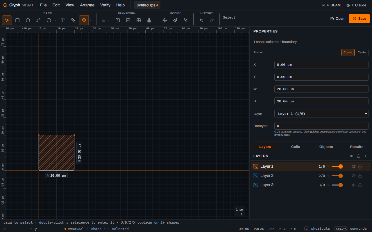 Glyph on a blank document with one hatched orange 20 by 20 micrometre box at the origin, the Properties panel on the right reading X 0.00 micrometres, Y 0.00, W 20.00, H 20.00 and Layer 1 (1/0), Anchor set to Corner, and the status bar reading 1 shape, 1 selected.