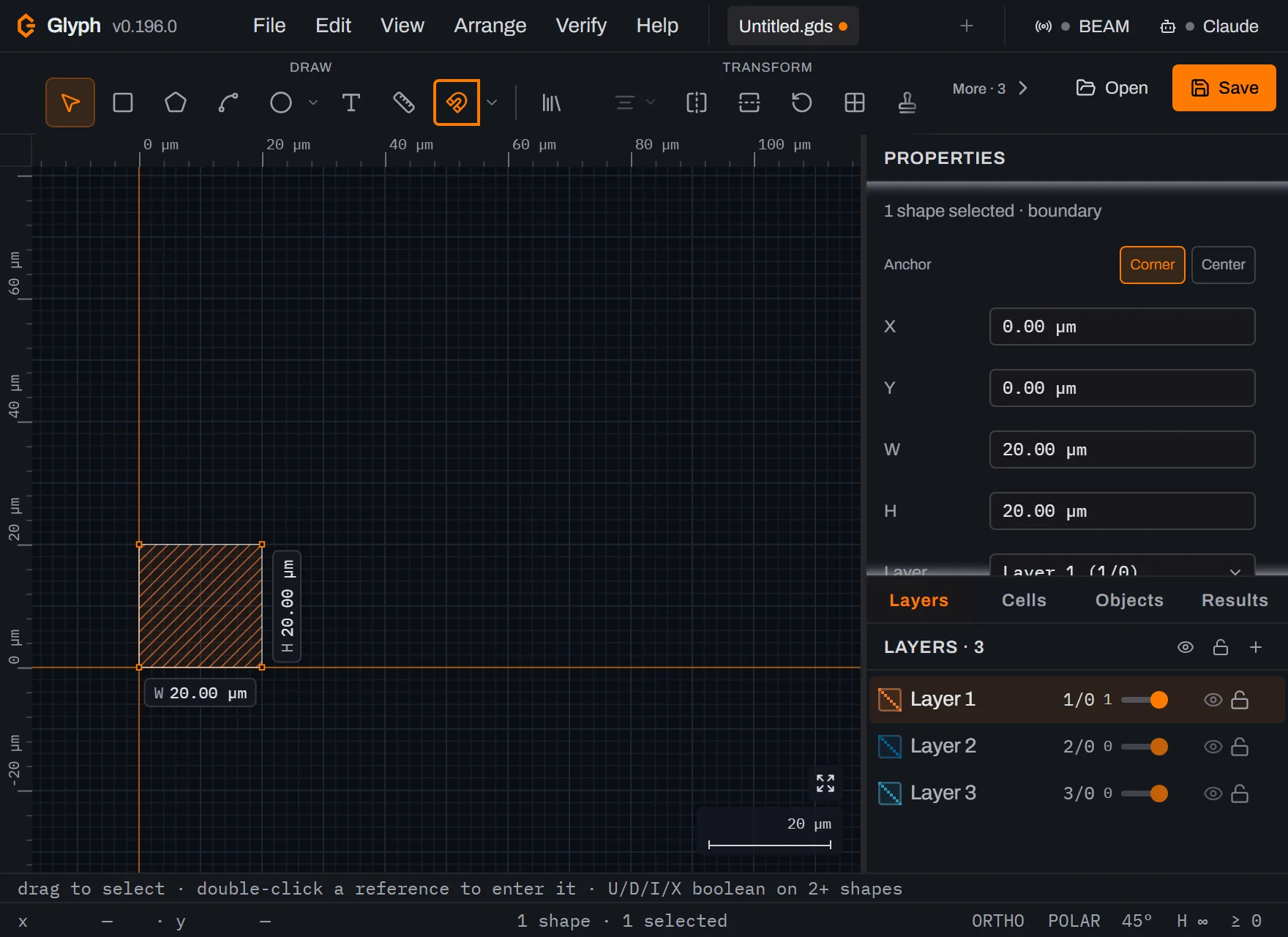 Glyph on a blank document with one hatched orange 20 by 20 micrometre box at the origin, the Properties panel on the right reading X 0.00 micrometres, Y 0.00, W 20.00, H 20.00 and Layer 1 (1/0), Anchor set to Corner, and the status bar reading 1 shape, 1 selected.