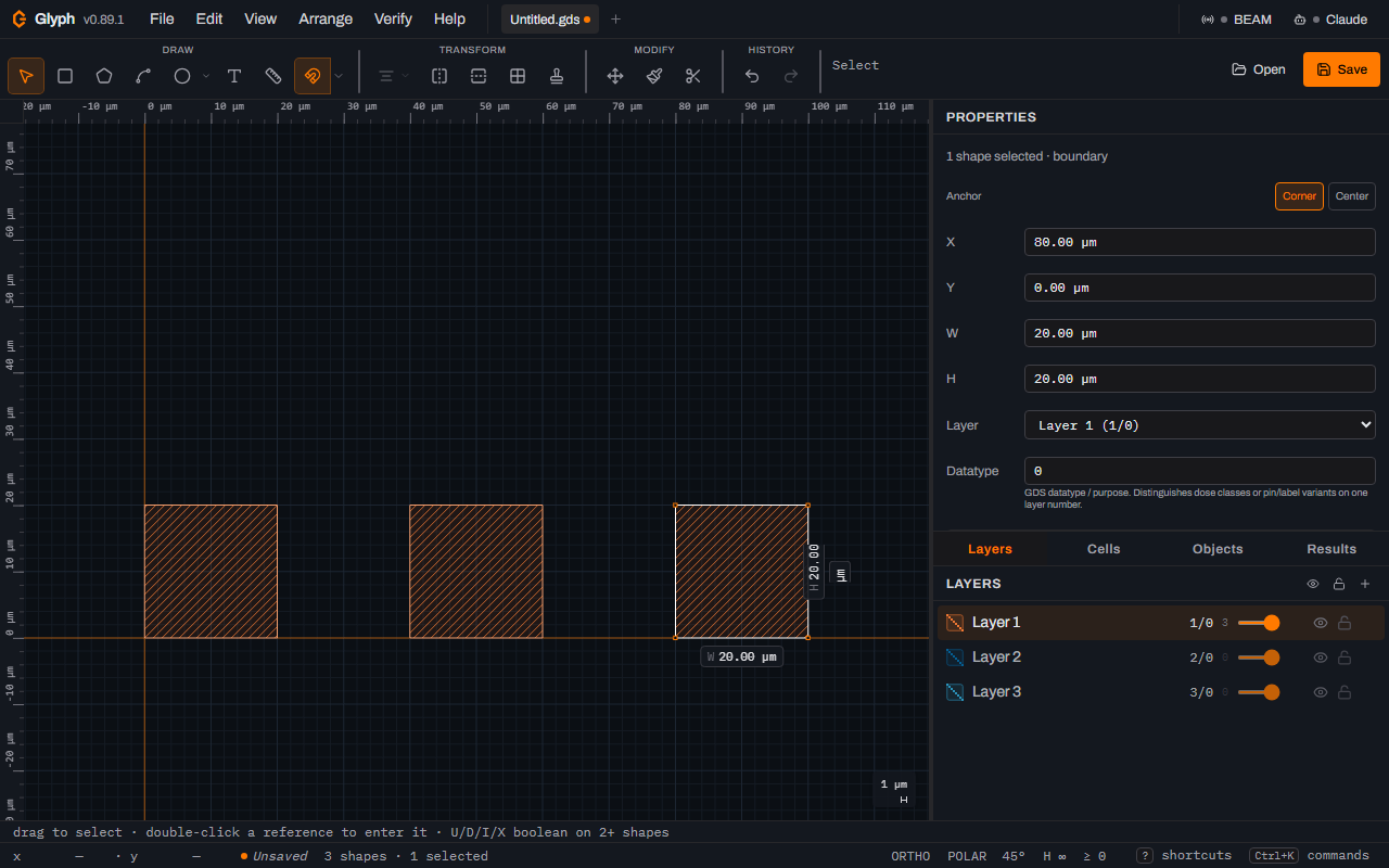 Three identical hatched orange 20 micrometre pads in a row along the x axis at 0, 40 and 80 micrometres, with the Properties panel showing the last one at X 80.00 and the status bar reading 3 shapes, 1 selected.