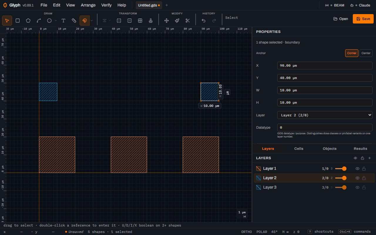 The three orange pads plus two smaller blue 10 micrometre fiducial squares at the upper left and upper right, the Layers panel showing Layer 1 as 1/0 with 3 shapes and the highlighted Layer 2 as 2/0 with 2 shapes, and the status bar reading 5 shapes, 1 selected.