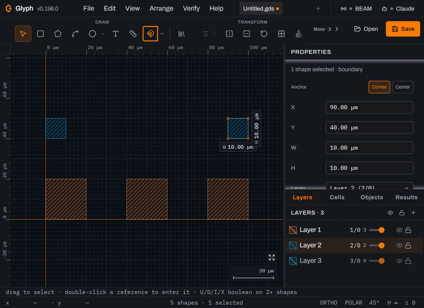 The three orange pads plus two smaller blue 10 micrometre fiducial squares at the upper left and upper right, the Layers panel showing Layer 1 as 1/0 with 3 shapes and the highlighted Layer 2 as 2/0 with 2 shapes, and the status bar reading 5 shapes, 1 selected.