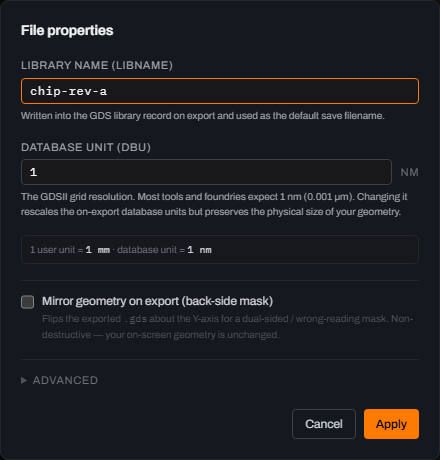Glyph's File properties dialog with LIBRARY NAME (LIBNAME) set to chip-rev-a, a database unit field reading 1 nm, a mirror-geometry-on-export checkbox, and Cancel and Apply buttons.