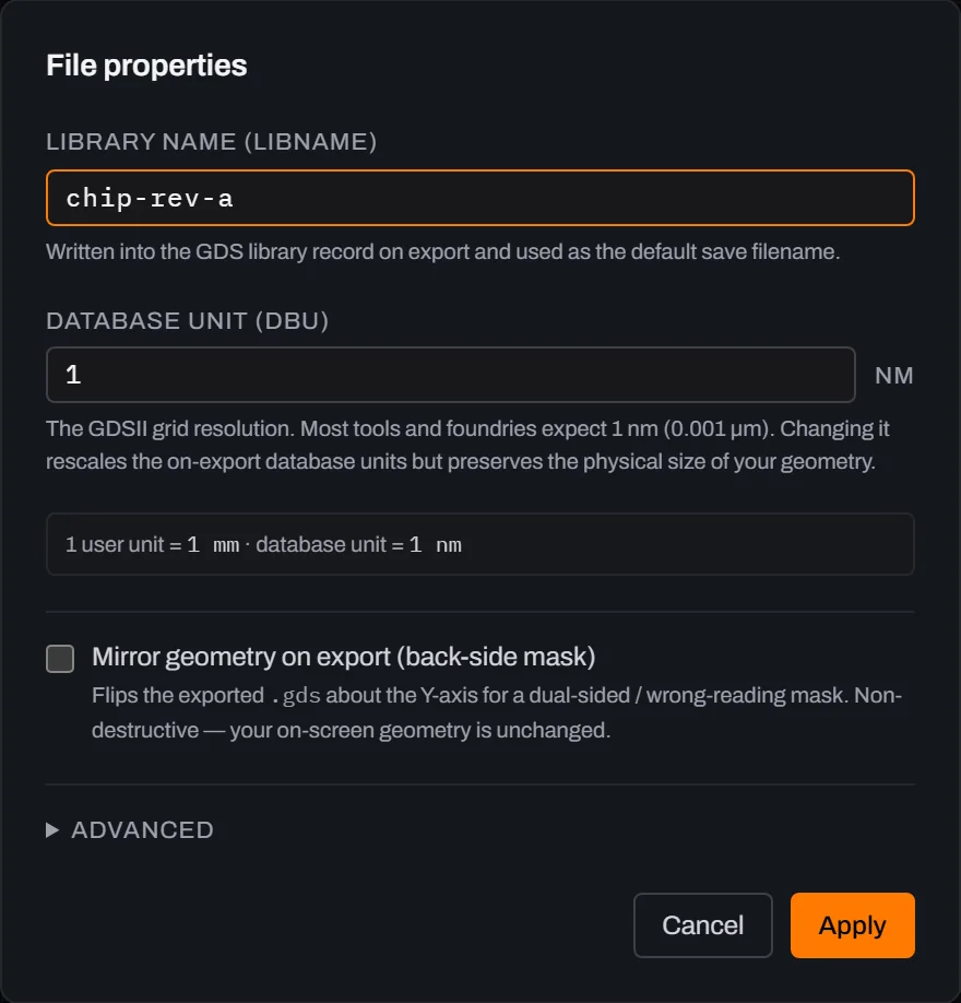 Glyph's File properties dialog with LIBRARY NAME (LIBNAME) set to chip-rev-a, a database unit field reading 1 nm, a mirror-geometry-on-export checkbox, and Cancel and Apply buttons.