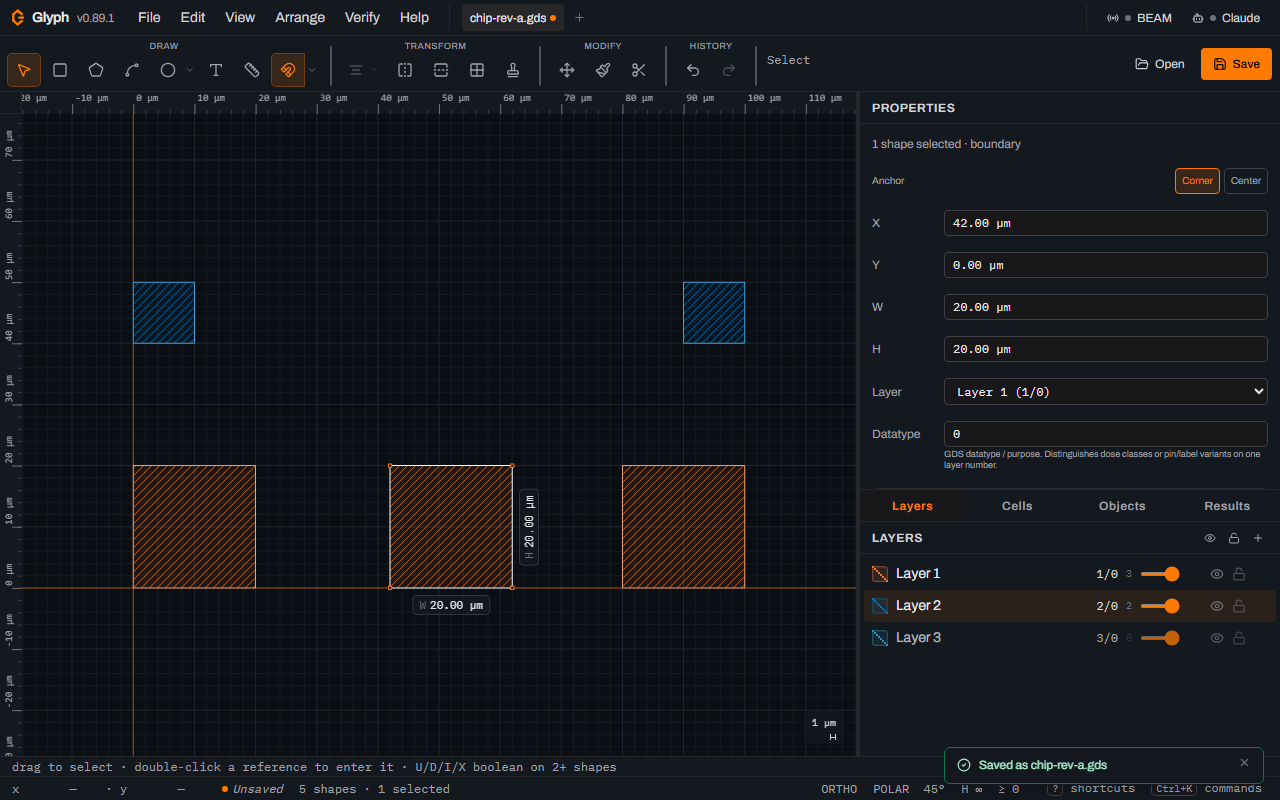 The middle pad selected and shifted two micrometres right, the Properties panel reading X 42.00 micrometres, W 20.00, H 20.00, with the other two pads unchanged.