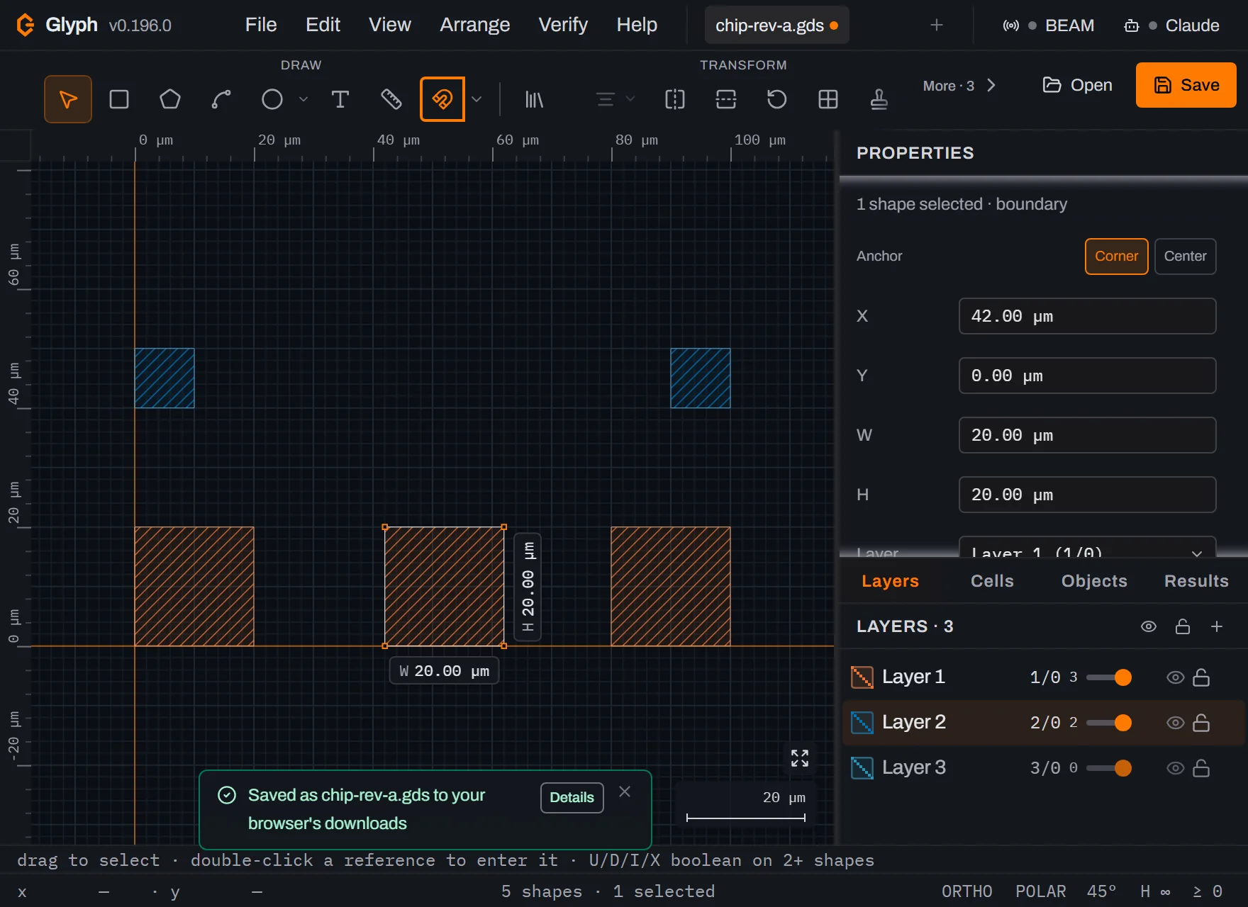 The middle pad selected and shifted two micrometres right, the Properties panel reading X 42.00 micrometres, W 20.00, H 20.00, with the other two pads unchanged.