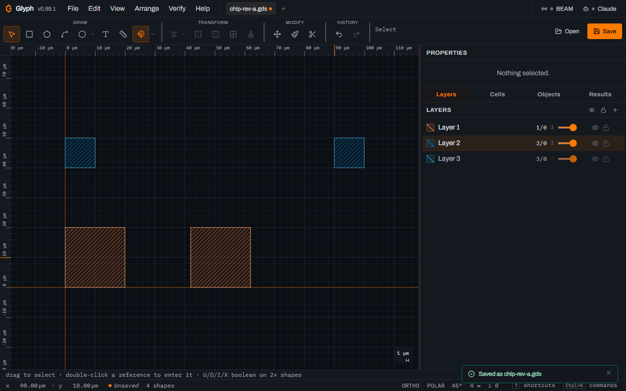 The design with the right-hand pad gone: two orange pads and two blue fiducials remain, and the status bar reads 4 shapes.