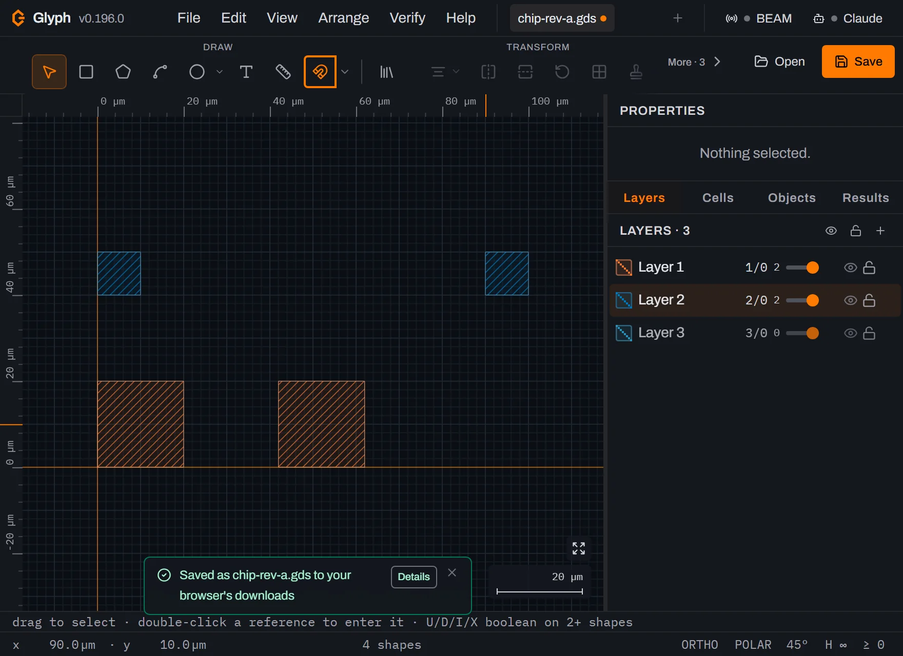 The design with the right-hand pad gone: two orange pads and two blue fiducials remain, and the status bar reads 4 shapes.