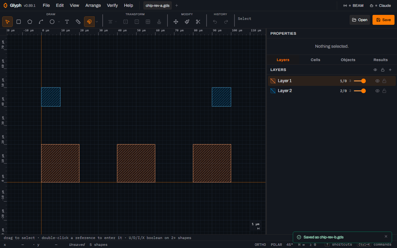 Glyph with chip-rev-a.gds reopened from disk: three orange pads and two blue fiducials, the tab titled chip-rev-a.gds, the Layers panel listing 1/0 with 3 shapes and 2/0 with 2, and the status bar reading 5 shapes.