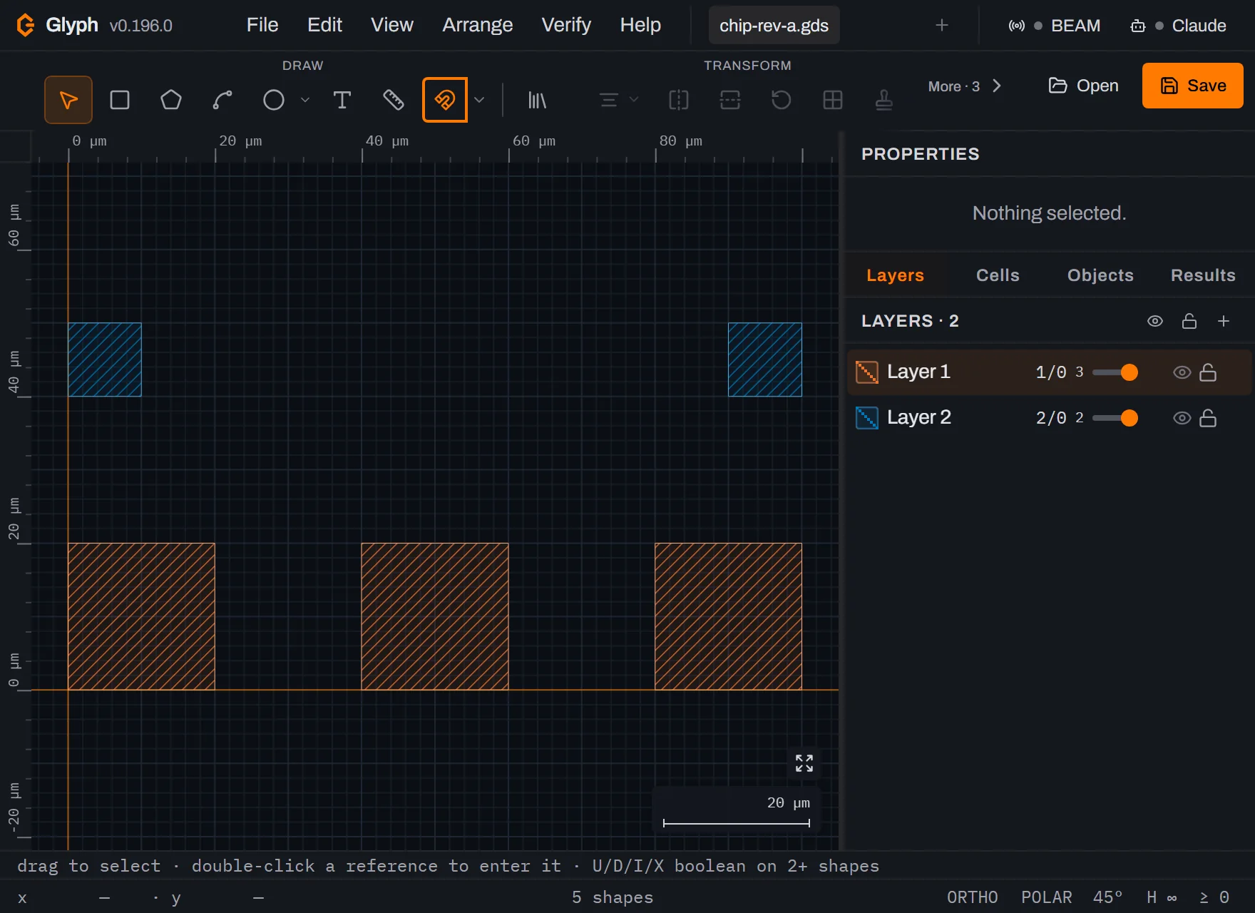 Glyph with chip-rev-a.gds reopened from disk: three orange pads and two blue fiducials, the tab titled chip-rev-a.gds, the Layers panel listing 1/0 with 3 shapes and 2/0 with 2, and the status bar reading 5 shapes.