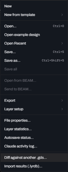 Glyph's File menu open, showing New, Open, Save, Save as with Ctrl+Shift+S, the Export and Layer setup submenus, File properties, Layer statistics, Autosave status, Claude activity log, the highlighted Diff against another .gds entry and, last, Import results (.lyrdb).