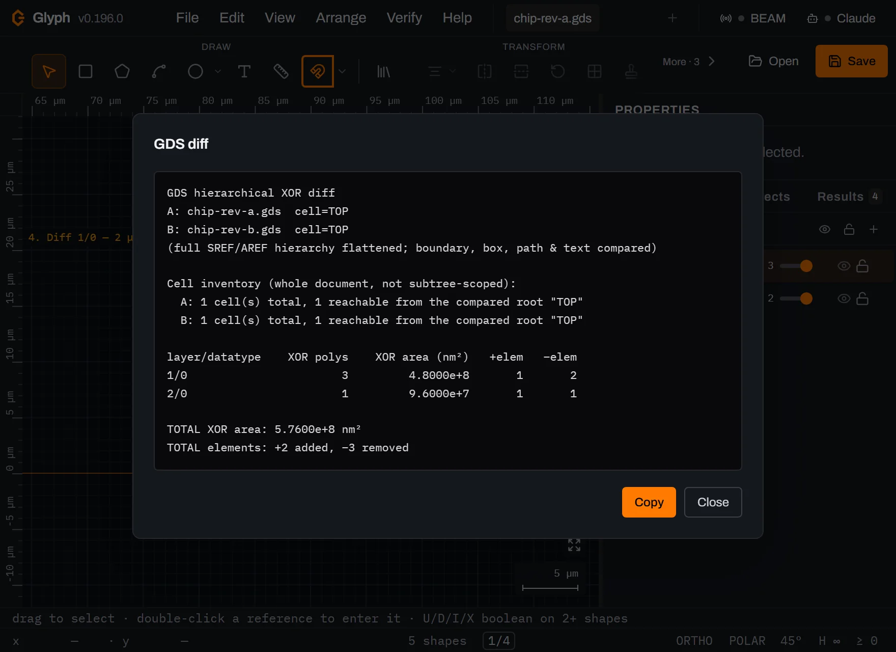The GDS diff report modal open over Glyph's canvas, showing the per-layer table for 1/0 and 2/0 with XOR polygon counts and areas, with Copy and Close buttons.