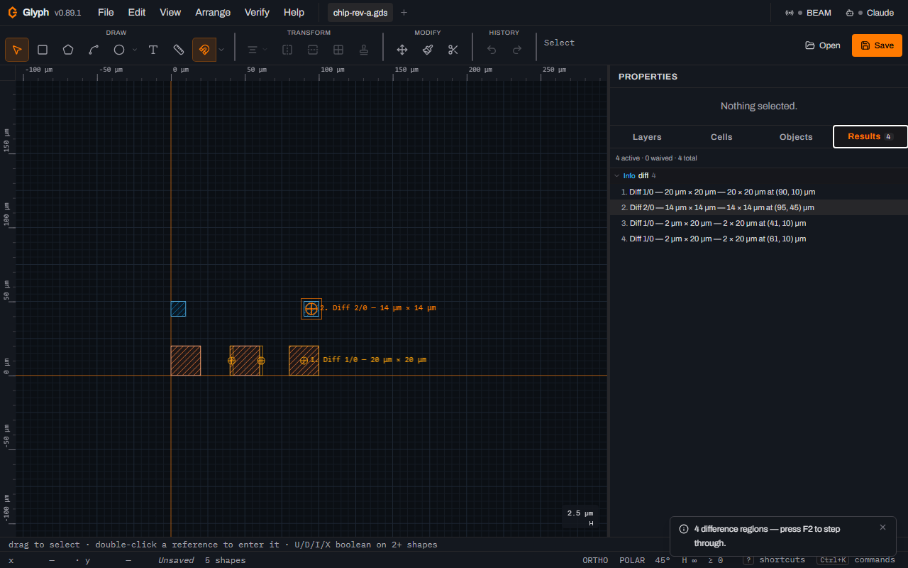 Glyph after pressing F2: the canvas re-framed around the second difference region with its marker crosshair labelled 2. Diff 2/0 14 by 14 micrometres, and the second row highlighted in the Results panel on the right.