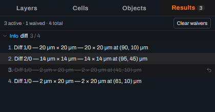 Glyph's Results panel with the third finding struck through and greyed out, the header reading 3 active, 1 waived, 4 total, a Clear waivers button in the header, and the group header now reading diff 3 slash 4.