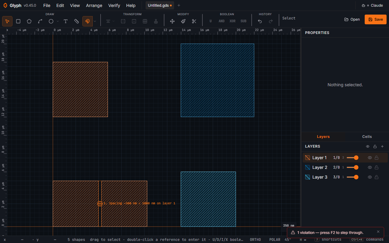 Design-rule check results in Glyph: spacing and width violations flagged with markers on the layout and listed in a panel for stepping through each error before exposure.