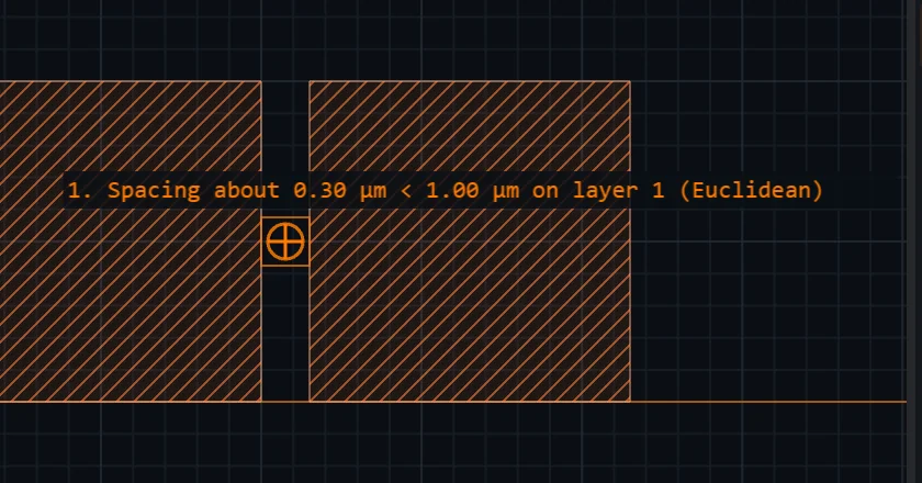 A design-rule check in Glyph: two boxes 300 nm apart and a crosshair marker between them labelled 1. Spacing about 0.30 µm < 1.00 µm on layer 1.