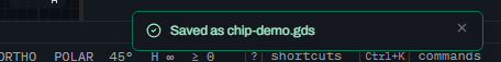 A Glyph toast notification reading Saved as chip-demo.gds with a green checkmark icon, over the status bar.