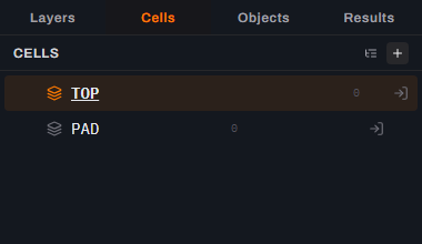 The Cells tab of Glyph's side panel showing two rows: TOP (highlighted as the active cell) and a newly created empty cell named PAD, with the add-cell plus button in the panel header.