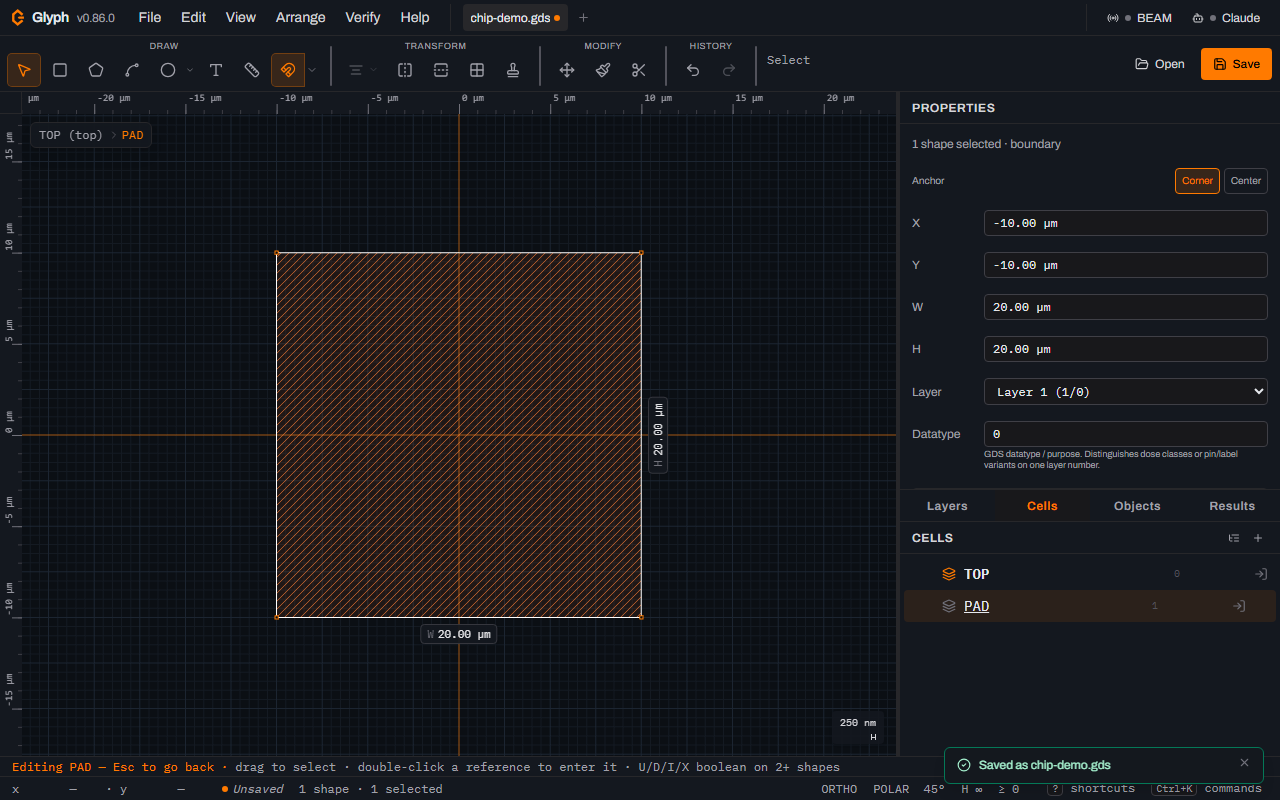 Glyph editing the PAD cell: one large orange hatched square with selection handles, the breadcrumb reading TOP (top) then PAD, the Properties panel showing X minus 10, Y minus 10, W 20 and H 20 micrometres and Layer 1, and the status bar reading 1 shape and 1 selected.
