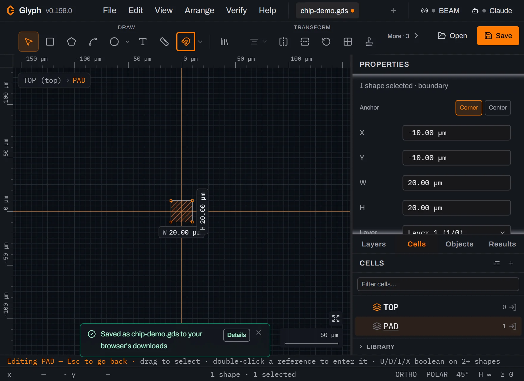 Glyph editing the PAD cell: one large orange hatched square with selection handles, the breadcrumb reading TOP (top) then PAD, the Properties panel showing X minus 10, Y minus 10, W 20 and H 20 micrometres and Layer 1, and the status bar reading 1 shape and 1 selected.